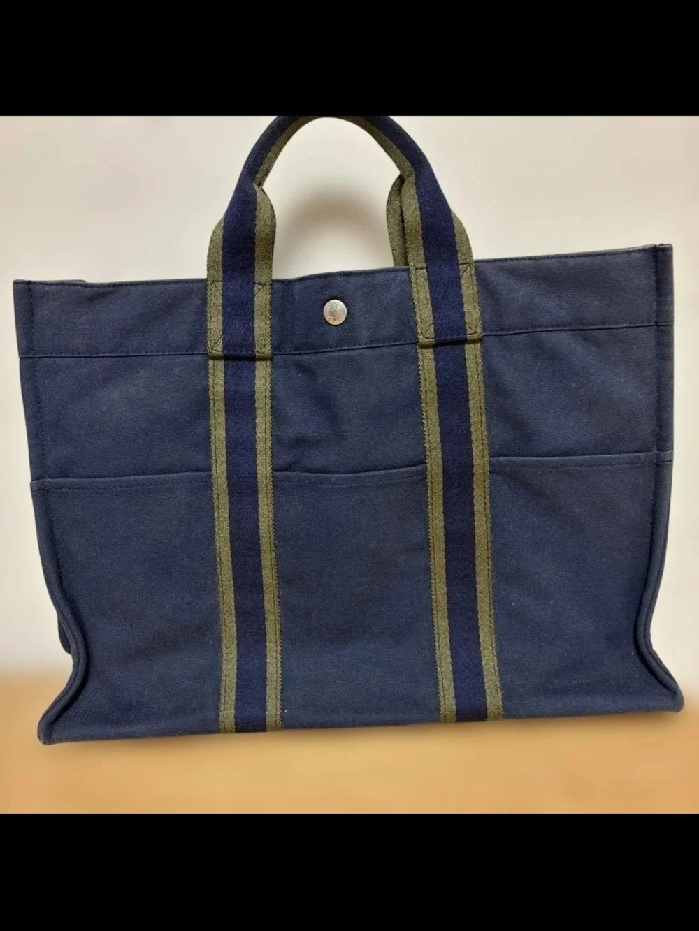 Hermes Navy Canvas Tote with Olive-Trim Handles
